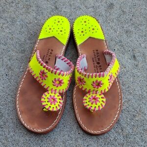 Palm Beach Handmade Leather Neon Green Pink Sandals Size 8 Beachy Tropical USA